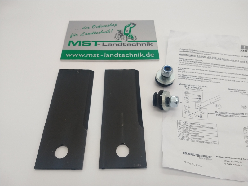 2 Stück Original Messerklingen mit Befestigungselementen für Aufsitzmäher AS Motor 900, 910, 911 Enduro