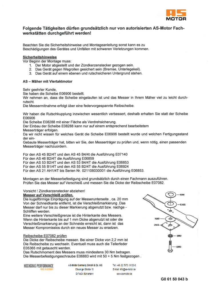 Scheibe für Messerträger E06906 G06180019 AS45, AS46, AS53, AS21