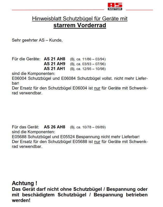 Schutzbügel - Set AS Allmäher Mäher AS 21 AH1/4T B&S "Achtung für kleines Vorderrad aus Kunststoff"